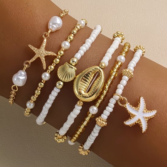 Sjika - Armbanden Set – 6 stuks – Schelp, Zeester & Parels – Boho Sieraden voor Dames