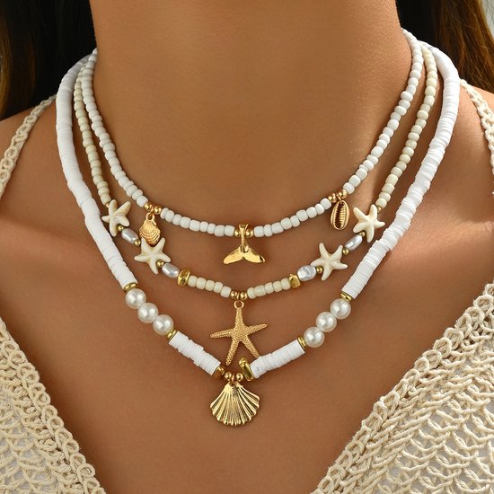 Sjika - Bohemian Schelpen Sieraden Set Dames – Strand Ketting & Armband Set – Zeester, Parels en Schelpjes – Zomer Sieraden Wit/Goud - Cadeau voor haar