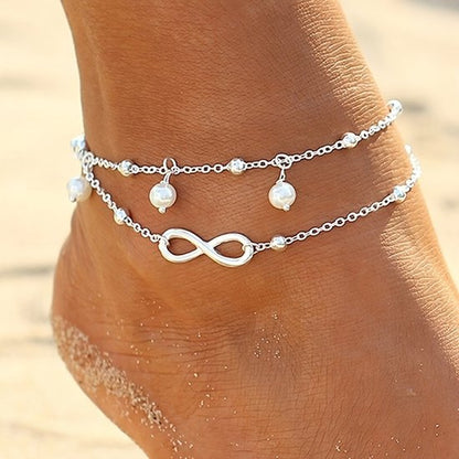 Sjika - Zilveren Enkelband Dames – Dubbele Enkelband met Oneindigheid Symbool & Parels – Verstelbaar – Zomers Sieraad - Cadeau voor haar