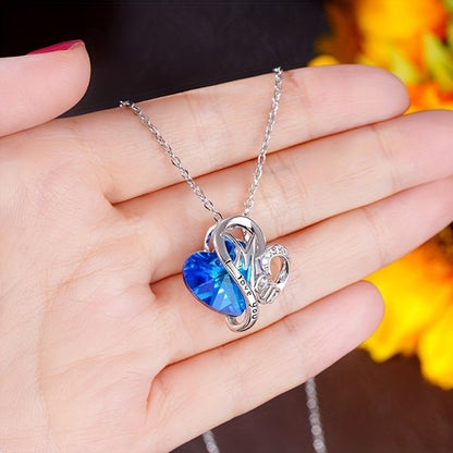 Sjika - Moeder Ketting Dames – I Love You Mom Hart Ketting met Blauwe Kristal Steen – Cadeau voor Moeder – Zilverkleurig - Cadeau voor haar