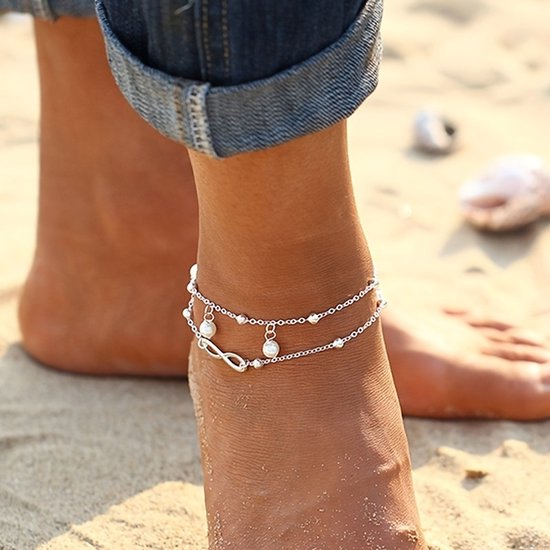 Sjika - Zilveren Enkelband Dames – Dubbele Enkelband met Oneindigheid Symbool & Parels – Verstelbaar – Zomers Sieraad - Cadeau voor haar