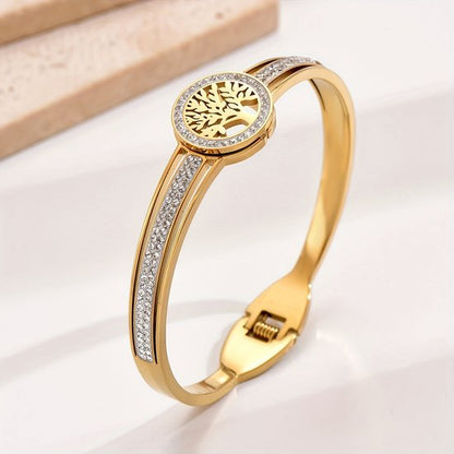 Sjika - Levensboom Armband Dames Goudkleurig – Tree of Life – Zirkonia – Bangle Armband – Verstelbaar - Cadeau