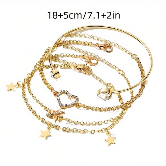 Sjika - Gouden Armbandenset Dames – 5 Delige Set met Hartje, Sterren & Zirkonia – Luxe Layered Armbanden – Verstelbaar - Cadeau voor haar