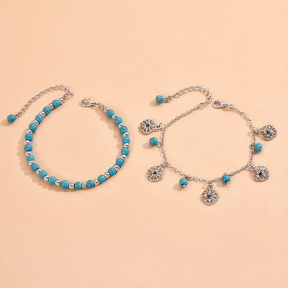 Sjika - Dubbele Enkelband Dames – Turquoise Kralen & Zilveren Bedels – Boho Enkelbandje Verstelbaar – Zomer Strand Sieraad - Cadeau voor haar