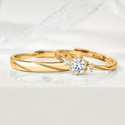 Sjika - Relatie Ringen Set – 2-delig – Goudkleurig – Zirkonia – Verstelbaar – Trouwringen / Verlovingsringen / Vriendschapsringen – Voor Koppels - Cadeau