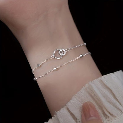 Sjika - Dames Armband 925 Zilver – Minimalistische Dubbele Ketting – Kristallen Hart – Cadeau voor Haar