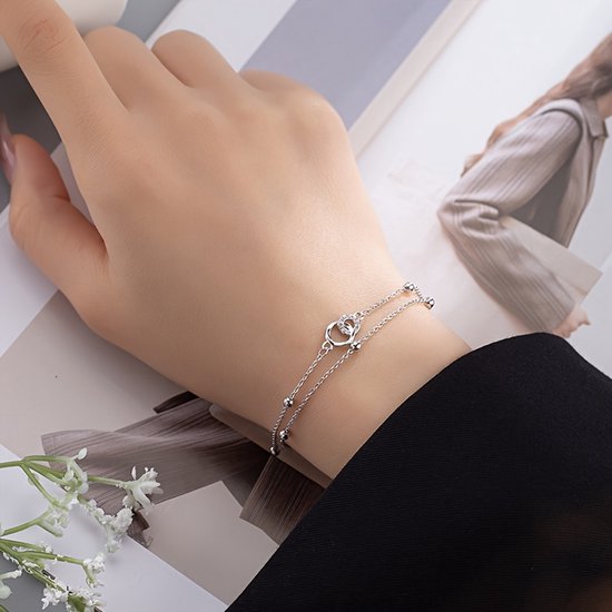Sjika - Dames Armband 925 Zilver – Minimalistische Dubbele Ketting – Kristallen Hart – Cadeau voor Haar