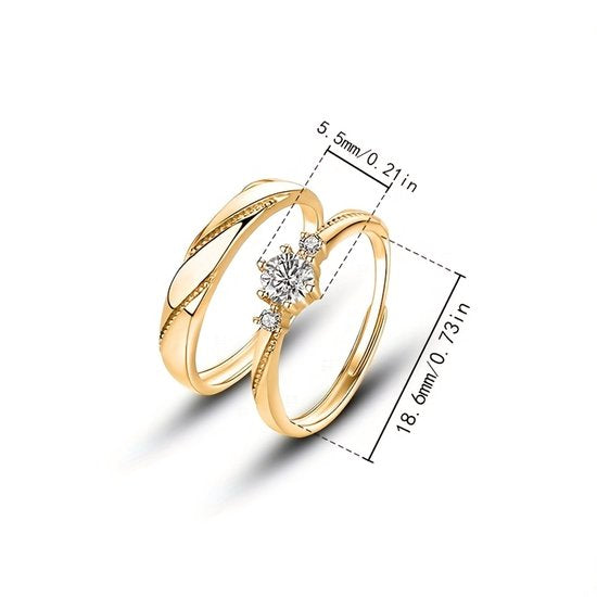 Sjika - Relatie Ringen Set – 2-delig – Goudkleurig – Zirkonia – Verstelbaar – Trouwringen / Verlovingsringen / Vriendschapsringen – Voor Koppels - Cadeau