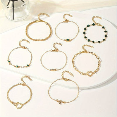 Sjika - Armbandenset Dames Goud – 8 Delige Armbanden Set – Fijne Minimalistische Armbandjes met Bedels & Steentjes – Verstelbaar - Cadeau voor haar