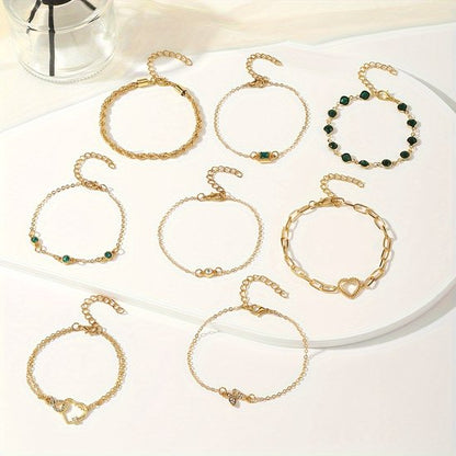 Sjika - Armbandenset Dames Goud – 8 Delige Armbanden Set – Fijne Minimalistische Armbandjes met Bedels & Steentjes – Verstelbaar - Cadeau voor haar