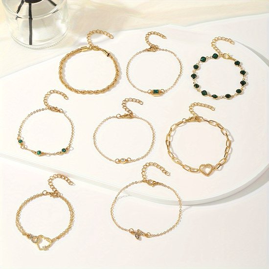 Sjika - Armbandenset Dames Goud – 8 Delige Armbanden Set – Fijne Minimalistische Armbandjes met Bedels & Steentjes – Verstelbaar - Cadeau voor haar