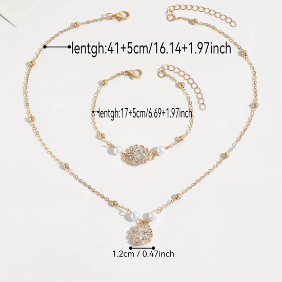 Sjika - Gouden Sieradenset Dames – Ketting & Armband met Parels en Zirkonia – Luxe Elegante Set – Gold Plated - Cadeau voor haar