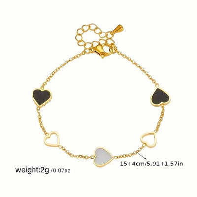 Sjika - Gold Plated Hartjes Armband – Goudkleurig – Zwart & Wit Emaille – Dames - Cadeau