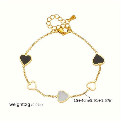 Sjika - Gold Plated Hartjes Armband – Goudkleurig – Zwart & Wit Emaille – Dames - Cadeau