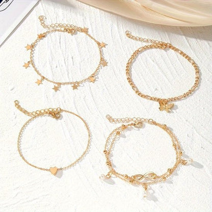 Sjika - Gouden Enkelbandjes Set Dames – 18K Gold Plated – Trendy Boho Style – Met Bedels & Parel Hangers – 5-delige Sieradenset