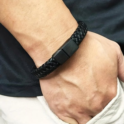 Sjika - Leren Armband Heren Zwart – Gevlochten Heren Armband met Magnetische Sluiting – Stoere Minimalistische Mannen Armband - Cadeau voor hem