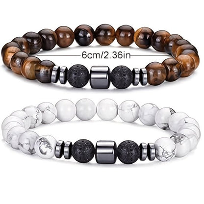 Sjika - Set van 4 natuursteen armbanden – Lava, Tijgeroog, Howliet & Onyx – Heren en dames – Elastisch – Luxe kralenarmbanden – Perfect cadeau voor hem