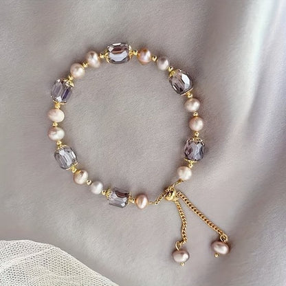 Sjika - Elegante Dames Armband met Parel & Facet Kralen – Luxe Verstelbaar Goud Design - Cadeau voor haar