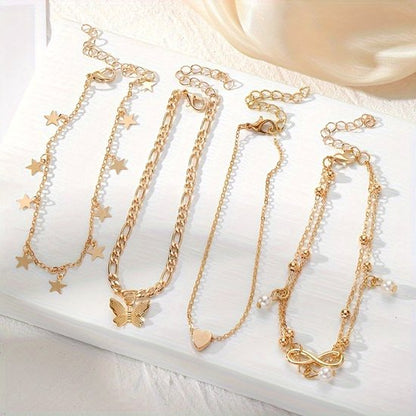 Sjika - Gouden Enkelbandjes Set Dames – 18K Gold Plated – Trendy Boho Style – Met Bedels & Parel Hangers – 5-delige Sieradenset