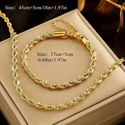 Sjika - 18K Gold Plated Rope Chain Set – Goudkleurige heren ketting & armband – Gedraaide touwschakel – Stijlvol & duurzaam – Perfect cadeau voor hem