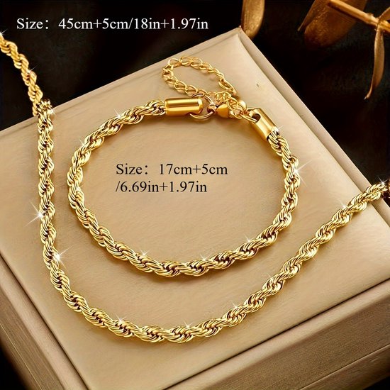 Sjika - 18K Gold Plated Rope Chain Set – Goudkleurige heren ketting & armband – Gedraaide touwschakel – Stijlvol & duurzaam – Perfect cadeau voor hem