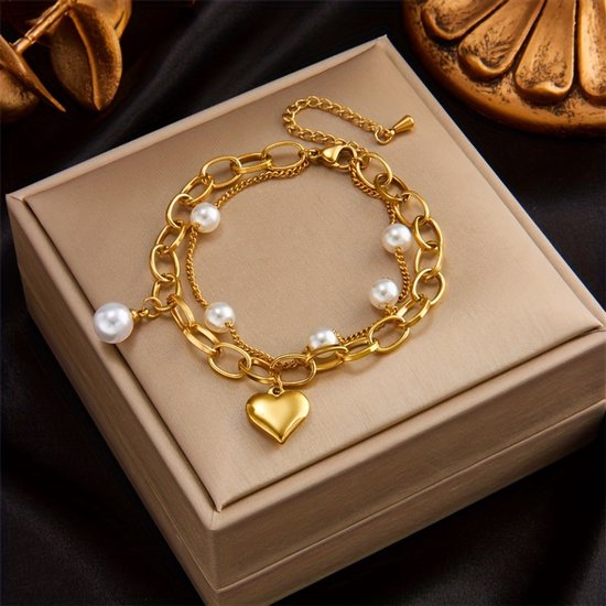 Sjika - Gold plated armband met parels & hartbedel – Luxe damesarmband – Trendy schakel design – Perfect cadeau voor haar