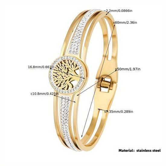 Sjika - Levensboom Armband Dames – Stainless Steel – Zilveren Bangle – Anti-Allergisch – Met Sprankelende Kristallen - Cadeau voor haar