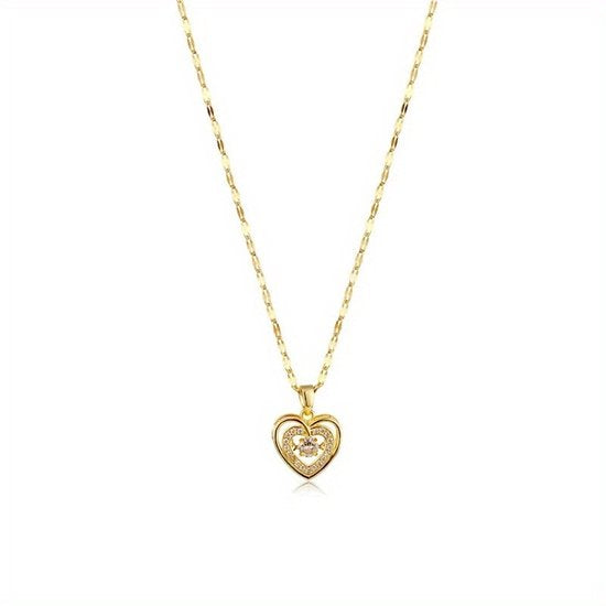 Sjika - Goudkleurige Hartjesketting met Zirkonia – Dubbel Hart Hanger – Perfect Cadeau voor Haar