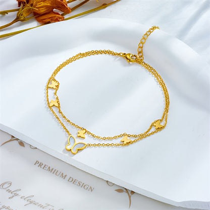 Sjika - Trendy Enkelbandje Dames – 18K Gold Plated Dubbele Enkelketting met Vlinderbedel - Cadeau
