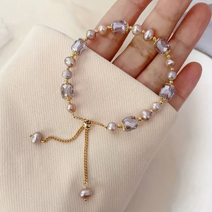 Sjika - Elegante Dames Armband met Parel & Facet Kralen – Luxe Verstelbaar Goud Design - Cadeau voor haar