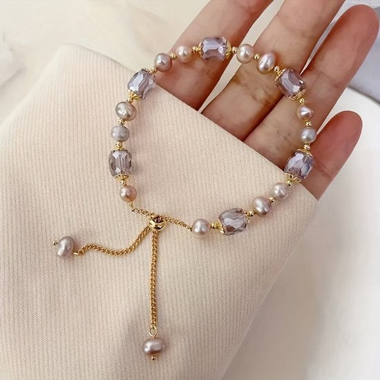 Sjika - Elegante Dames Armband met Parel & Facet Kralen – Luxe Verstelbaar Goud Design - Cadeau voor haar