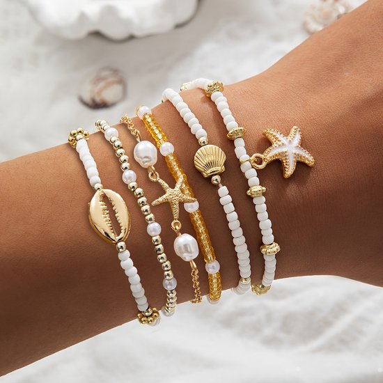 Sjika - Armbanden Set – 6 stuks – Schelp, Zeester & Parels – Boho Sieraden voor Dames