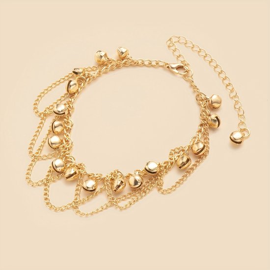 Sjika - Goudkleurige Enkelband met Hartjes & Dubbele Ketting – Luxe Layered Ankle Bracelet – Verstelbaar – Strand & Zomer Sieraad - Cadeau voor haar
