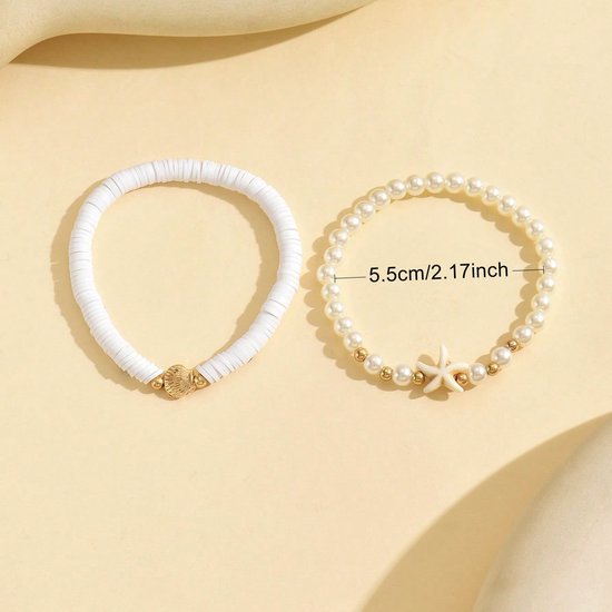 Sjika - Bohemian Schelpen Sieraden Set Dames – Strand Ketting & Armband Set – Zeester, Parels en Schelpjes – Zomer Sieraden Wit/Goud - Cadeau voor haar