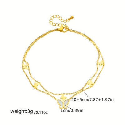 Sjika - Trendy Enkelbandje Dames – 18K Gold Plated Dubbele Enkelketting met Vlinderbedel - Cadeau