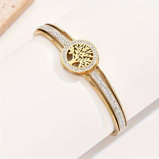 Sjika - Levensboom Armband Dames Goudkleurig – Tree of Life – Zirkonia – Bangle Armband – Verstelbaar - Cadeau
