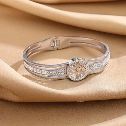 Sjika - Levensboom Armband Dames – Stainless Steel – Zilveren Bangle – Anti-Allergisch – Met Sprankelende Kristallen - Cadeau voor haar