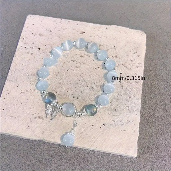 Sjika - Vlinder Armband Dames – Cat Eye Glas Kralen – Lichtblauw – Luxe Cadeau voor Vrouwen