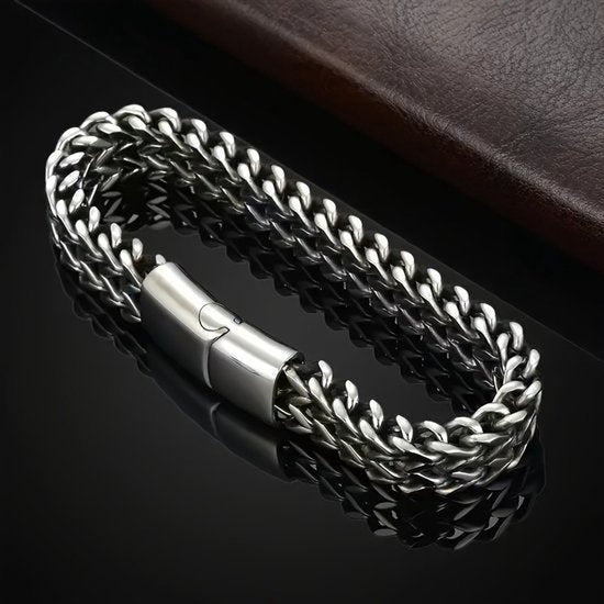 Sjika - Schakelarmband Heren Zilverkleurig – Stoere RVS Armband met Dubbele Schakel – Luxe Heren Armband – Moderne Mannen Sieraden - Cadeau voor hem