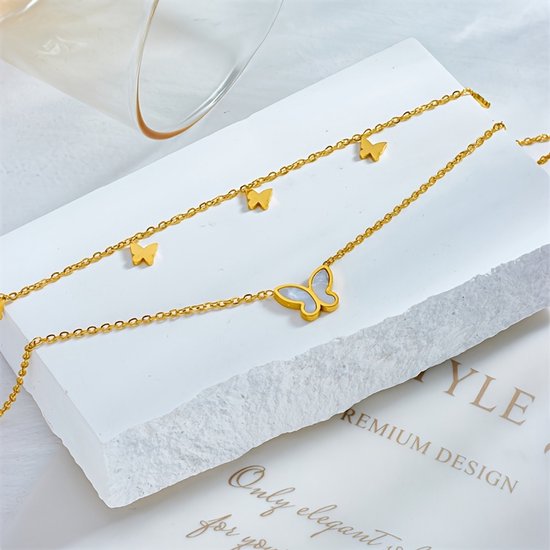Sjika - Trendy Enkelbandje Dames – 18K Gold Plated Dubbele Enkelketting met Vlinderbedel - Cadeau