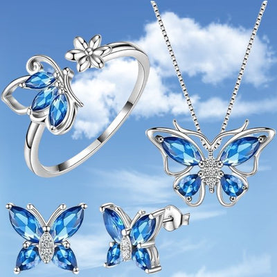 Sjika - Vlinder Sieraden Set Dames Blauw – Ketting, Ring & Oorbellen – Kristal Vlinder Sieraden Zilverkleurig – Cadeauset voor Dames