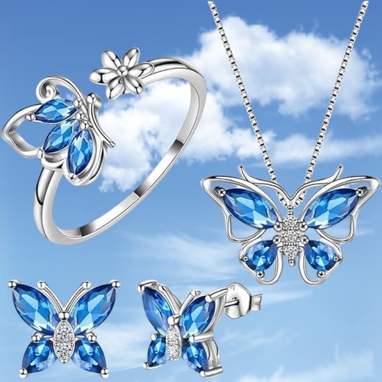 Sjika - Vlinder Sieraden Set Dames Blauw – Ketting, Ring & Oorbellen – Kristal Vlinder Sieraden Zilverkleurig – Cadeauset voor Dames