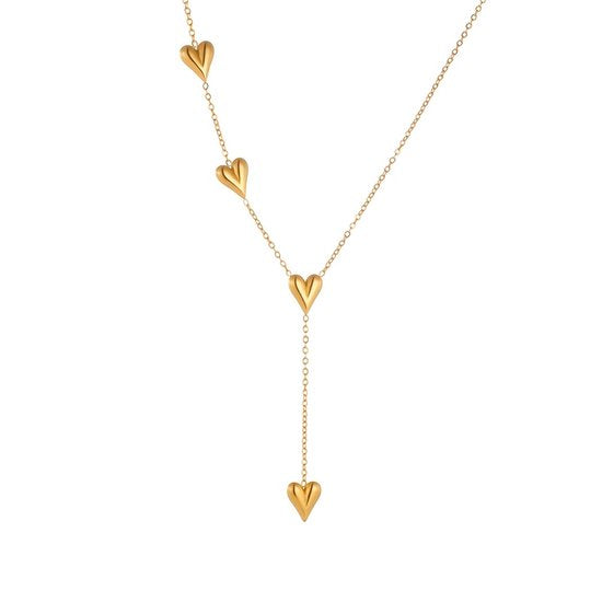 Sjika - Gold plated ketting met 3 hart hangers – Luxe Y-vormige damesketting – Elegant & tijdloos design – Perfect cadeau voor haar