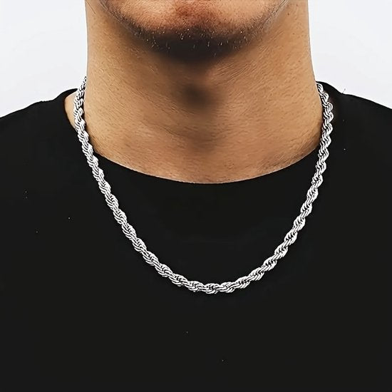 Sjika - Zilverkleurige Rope Chain Heren Ketting – 3 mm – RVS – Gedraaide touwschakel – Stoere & stijlvolle heren ketting - Cadeau voor hem