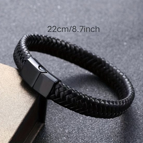 Sjika - Leren Armband Heren Zwart – Gevlochten Heren Armband met Magnetische Sluiting – Stoere Minimalistische Mannen Armband - Cadeau voor hem