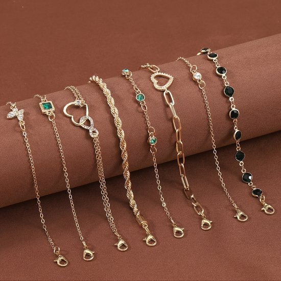 Sjika - Armbandenset Dames Goud – 8 Delige Armbanden Set – Fijne Minimalistische Armbandjes met Bedels & Steentjes – Verstelbaar - Cadeau voor haar