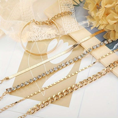 Sjika - Gold plated armbanden set – Luxe damesarmbanden met kristallen & schakels – 5-delige sieradenset – Elegant & trendy design