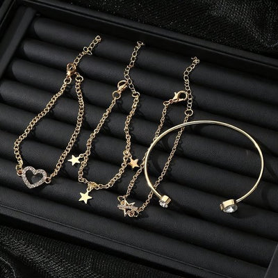 Sjika - Gouden Armbandenset Dames – 5 Delige Set met Hartje, Sterren & Zirkonia – Luxe Layered Armbanden – Verstelbaar - Cadeau voor haar