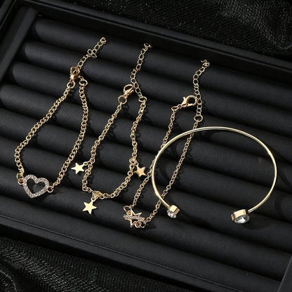 Sjika - Gouden Armbandenset Dames – 5 Delige Set met Hartje, Sterren & Zirkonia – Luxe Layered Armbanden – Verstelbaar - Cadeau voor haar