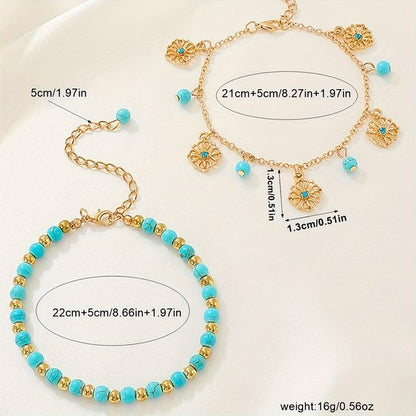 Sjika - Dubbele Enkelband Dames – Turquoise Kralen & Zilveren Bedels – Boho Enkelbandje Verstelbaar – Zomer Strand Sieraad - Cadeau voor haar